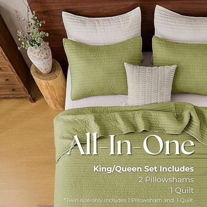 DOWN HOME Queen Quilt Bedding Set with Shams, Vintage Washed Soft Quilted Blanket Thin Comforter Lightweight Bedspread Coverlet Bed Cover, Brushed Microfiber Stripe Stitching, Golden Olive, 86"x90"