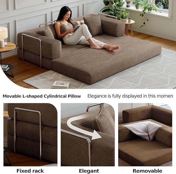 78.8''Convertible Sleeper Sofa Bed,Compressed Floor Boneless Couch,Modular Modern Corduroy Sofa for Living Room Bedroom -with Fixed-Shape Frame and Support Armrest,Easy Assembly(Brown)