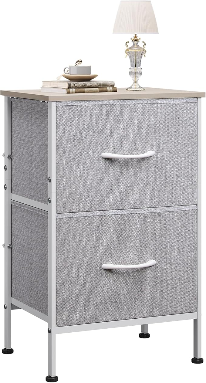WLIVE Nightstand, Nightstand with 2 Drawers, Bedside Furniture, Night Stand, Small Dresser for Bedroom, College Dorm, End Table with Fabric Bins, Dormitory, Light Grey, Size L