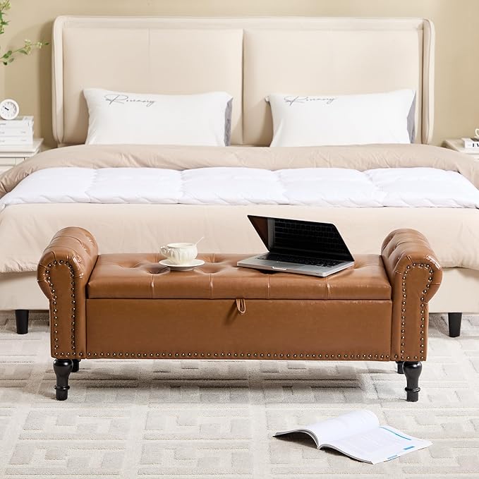 Storage Bench for Bedroom, 51" Upholstered End of Bed Bench, Faux Leather Queen Size Benches with Rolled Arms, Tufted Button Storage Long Ottoman, Living Room, Entryway, Brown