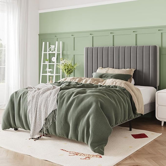 Allewie Twin Bed Frame, Velvet Upholstered Platform Bed with Adjustable Vertical Channel Tufted Headboard, Mattress Foundation with Strong Wooden Slats, Box Spring Optional, Easy Assembly, Grey