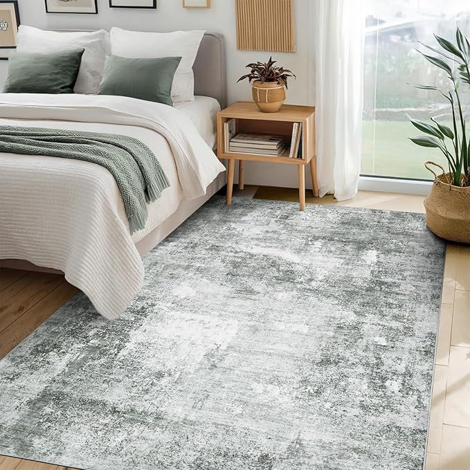 Abstract Washable Area Rug - 6x9 Large Living Room Rugs Soft Stain Resistant Non-Slip Low Pile Foldable Neutral Modern Carpet for Indoor Bedroom Dining Room Home Studio Office - Black/Grey