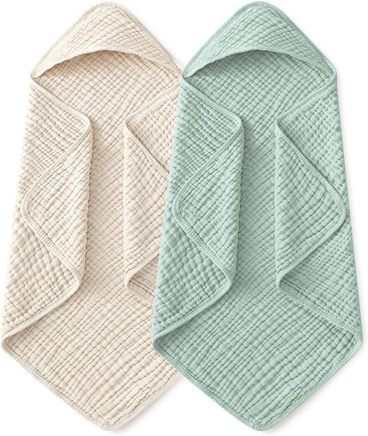 Yoofoss Hooded Baby Towels for Newborn 2 Pack 100% Muslin Organic Cotton Baby Bath Towel with Hood for Babies, Infant, Toddler and Kids, 37.5"x37.5", Soft and Absorbent Newborn Essential,Apricot&Green