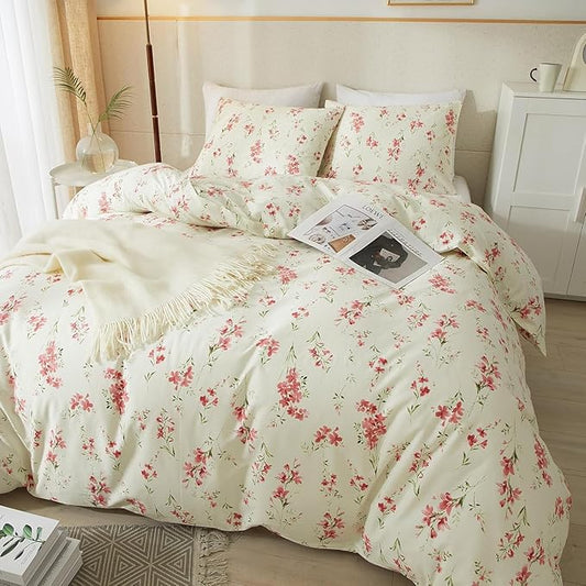 Boho Floral Duvet Cover Full Soft Cotton Girls Pink Floral Bedding Set Chic Garden Style Cute Flower Pattern Duvet Cover Vintage Floral Botanical Comforter Cover 1 Full Duvet Cover with 2 Pillowcases