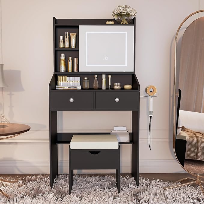 Vanity, Small Vanity Desk with Sliding Mirror, Dimmable LED Lights, 2 Drawers,Vanity Table Ideal for Bedroom (Black)