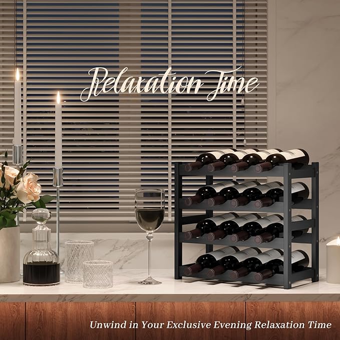 Wine Rack，Bamboo Wine Storage Cabinet Shelf，Countertop Wine Shelf- Freestanding Wine Holder for Kitchen & Pantry (Black, 4-Tier)