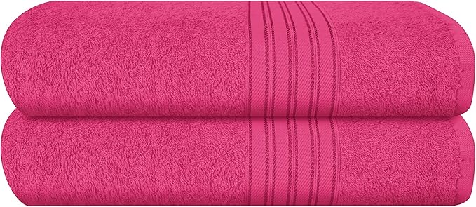 BOUTIQUO 100% Cotton 2 Pack Bath Towel Set 28x55, Eco-Friendly Large Bath Towels, Compact Quickdry Lightweight Soft & Highly Absorbent Bath Towel, Ideal for Everyday Gym Travel Camp Pool - Hot Pink
