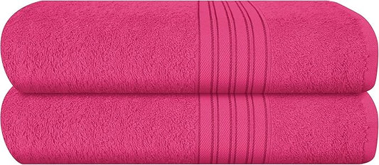 BOUTIQUO 100% Cotton 2 Pack Bath Towel Set 28x55, Eco-Friendly Large Bath Towels, Compact Quickdry Lightweight Soft & Highly Absorbent Bath Towel, Ideal for Everyday Gym Travel Camp Pool - Hot Pink