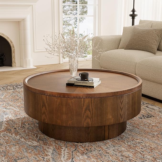 Round Wood Coffee Table with Storage, 30.7" Modern Circle Coffee Table with Removable Lid, Rustic Drum Center Table Handcraft Accent Table for Living Room Small Space Apartment Office (Brown)