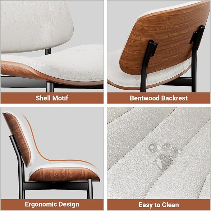 Dining Chairs Set of 4, Dining Room and Kitchen Chairs, Mid Century Modern Accent Chair, Upholstered PU Leather Chairs for Vanity with Walnut Bentwood and Metal Legs, Beige