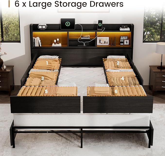 King Storage Bed Frame with 6 Drawers, USB Charging Station, No Noise, No Box Spring Required, Vintage Black Headboard Platform Bed