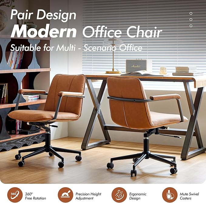 Home Office Desk Chair, Ergonomic Minimalist Faux Leather Swivel Chair with Oak Wood Armrests, Comfortable Task Chair for Computer or Study Room, 2 Pack, Camel Brown