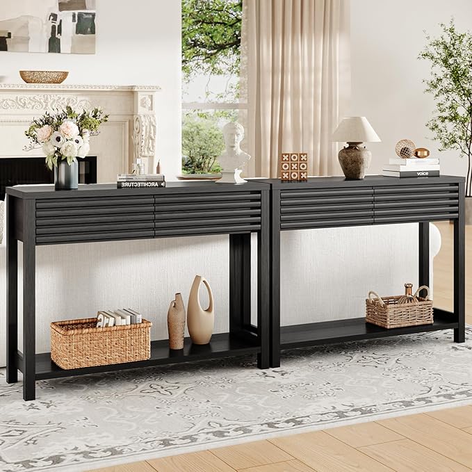 EAG 40" Fluted Console Table with 2 Drawers, Modern Wood 2 Tier Entryway Table with Storage Shelf, Narrow Sofa Tables Behind Couch for Entrance Foyer, Hallway, Living Room, Black