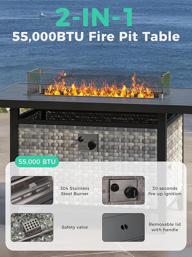 13 Piece Outdoor Wicker Rattan Sectional Sofa Set with 55,000 BTU Fire Pit Table, 10-Seats with 4" Thickened Cushions & Coffee Table, All-Weather PE Rattan for Garden, Backyard, Porch, Grey