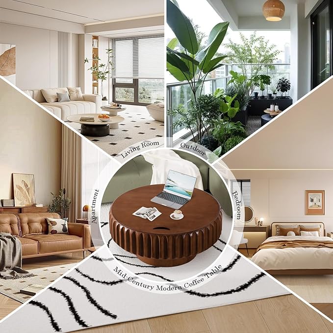 Round Coffee Table with Storage for Living Room, Wood Circle Drum Coffee Table Modern Fluted Center Table Accent Table for Home Office Apartment (Walnut 31.5'')