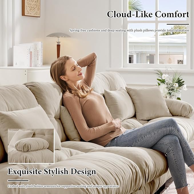 94.4" Loveseat Sofa, 2 Seater Modular Sectional Sofa, Beige Large L Shaped Sectional Fluffy Couch, Chenille Cloud Couch with Ottoman, Deep Seat Sofas for Living Room