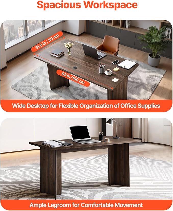 VEVOR 63 in Executive Desk, Large Modern Rectangle Office Table, Heavy Duty Wooden Executive Table with Cable Connection Hole, 250 LBS Load Capacity, Easy Assembly, for Work Study Writing, Walnut