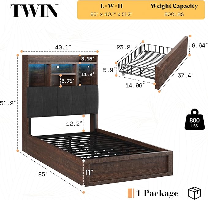 Twin Farmhouse Bed Frame with Bookcase Headboard and 4 Drawers, LED Storage Bed with Charging Station & Linen Upholstered, No Box Spring Needed, Reclaimed Barnwood