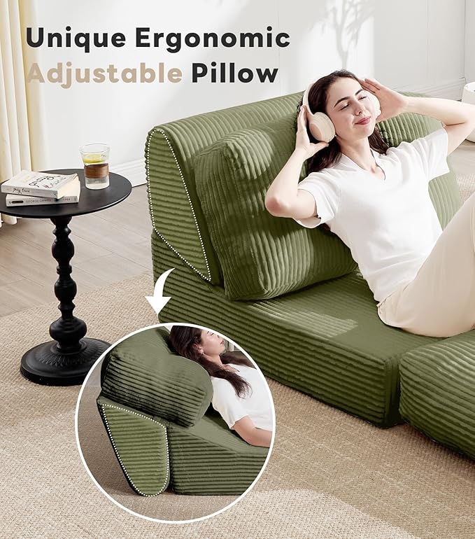 Tbfit Folding Sofa Bed, Convertible Sleeper Chair with Large Pillow, Corduroy Folding Couch Bed, Portable & Foldable Mattress Boneless Floor Sofa for Living Room, Bedroom, Office, Green, Single