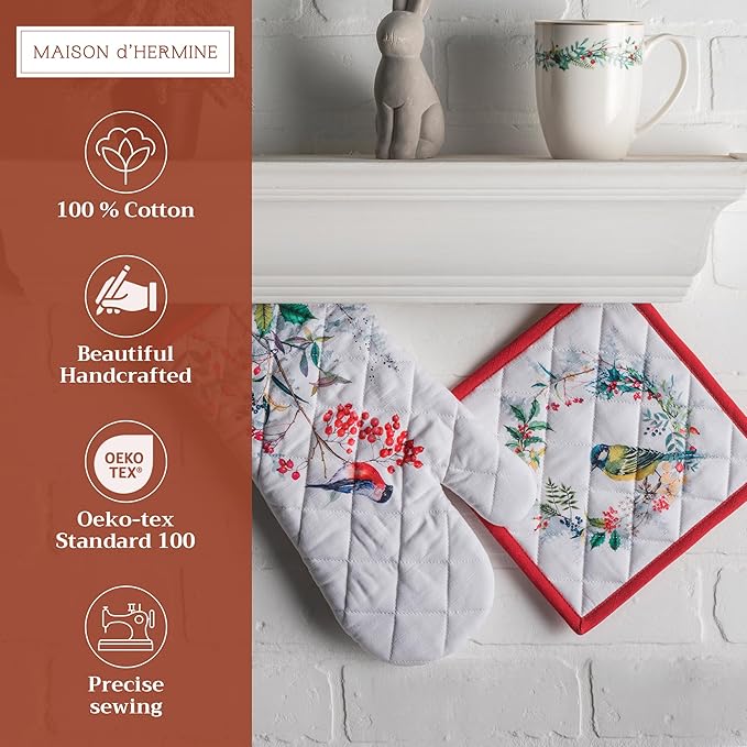 Maison d' Hermine 100% Cotton Oven Mitt & Pot Holder Set (7.5"x13" & 8"x8") Heat Resistant BBQ Cooking Gloves with Loop for Thanksgiving Christmas Decorations Handling Hot Pans (Morzine)