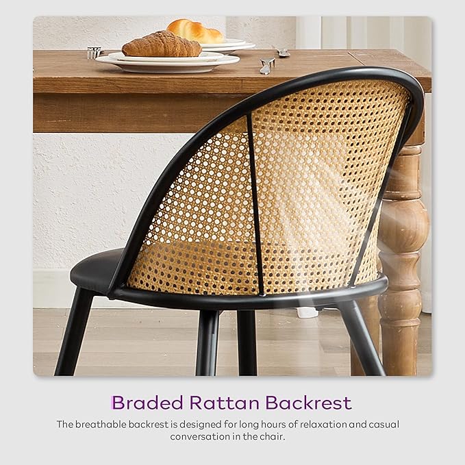 TYBOATLE Rattan Dinner Chairs Set of 4 with Faux Leather Cushion, Modern Dining Room Chairs w/Adjustable Foot Pads, Kitchen Boho Mid Century Upholstered, Black