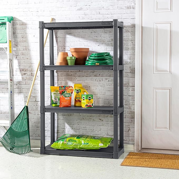 Sterilite 4-Shelf Plastic Storage Rack, Heavy Duty Shelving Unit for Garage, Gray