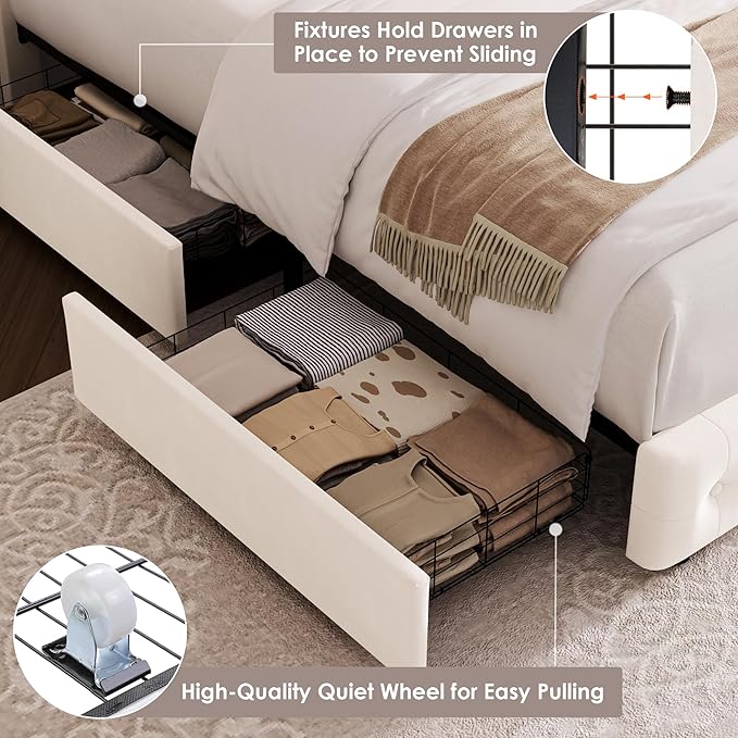 HIFIT Upholstered Full Size LED Bed Frame with Charging Station and 4 Large Storage Drawer, Velvet Button Tufted Full Platform Bed with Adjustable Headboard, No Box Spring Needed, Easy Assembly, Beige