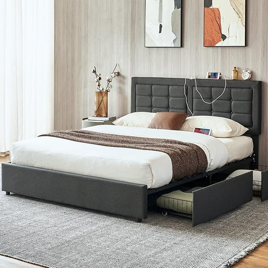 VECELO Full Size Bed Frame with 4 Drawers, Adjustable Tufted Button Headboard, Upholstered Platform with Wood Slats Support, Built-in USB and Type C Ports, Dark Gray