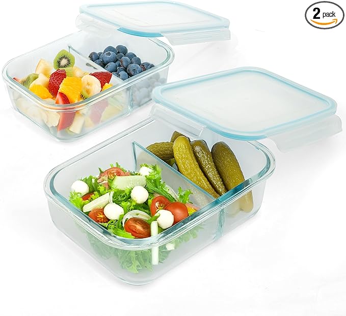 Moss and Stone Rectangular Borosilicate Glass Meal Food Containers - Prep Food Storage Containers Airtight - Snap Locking Lids – Microwave, Oven, Freezer, Dishwasher Safe – with 2 Compartment 2 Pack