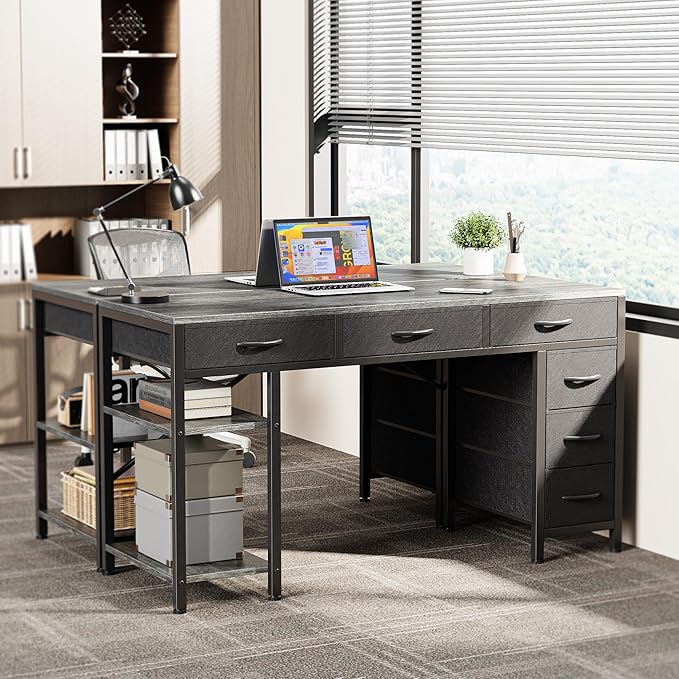Huuger Computer Desk with 6 Drawers, 47 Inch Office Desk with Shelves, Reversible Gaming Desk, Corner Desk with Storage, for Home Office Study, Living Room, Gray