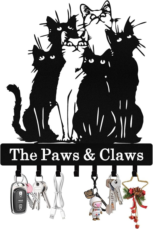 Personalized Cat Key Holder Wall Mount, Custom Metal Key Holder for Wall with Name, Custom Keys Rack Hanger with Hooks for Entryway, Front Door, Hallway, Living Room, Kitchen