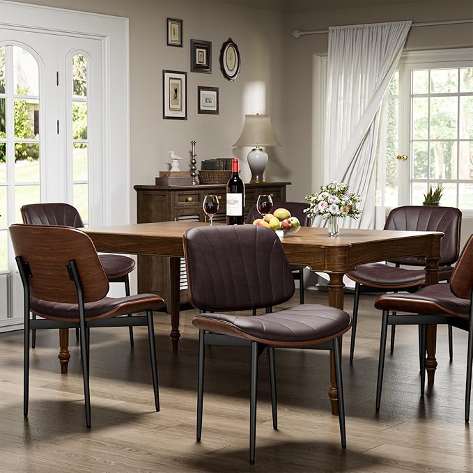 Dining Chairs Set of 4, Dining Room and Kitchen Chairs, Mid Century Modern Accent Chair, Upholstered PU Leather Chairs for Vanity with Walnut Bentwood and Metal Legs, Brown