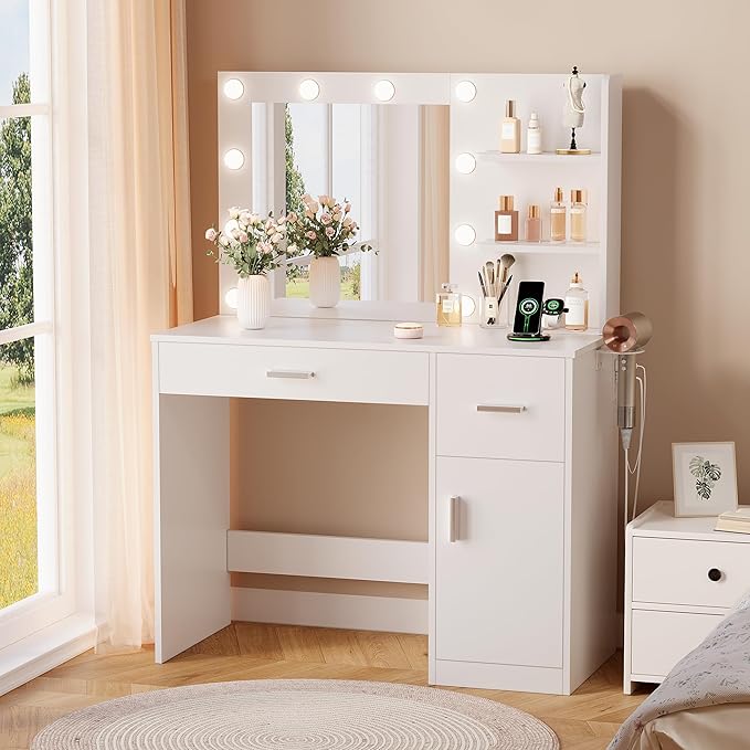 YESHOMY Vanity Desk with Mirror, 10 Lights, Power Outlet and 3 Storage Shelves, Makeup Table with 2 Drawers & 1 Cabinet, 3 Color Modes, for Bedroom, White