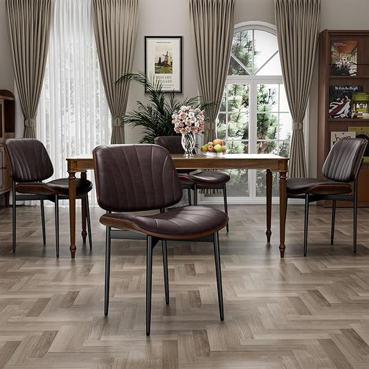 Dining Chairs Set of 4, Dining Room and Kitchen Chairs, Mid Century Modern Accent Chair, Upholstered PU Leather Chairs for Vanity with Walnut Bentwood and Metal Legs, Brown