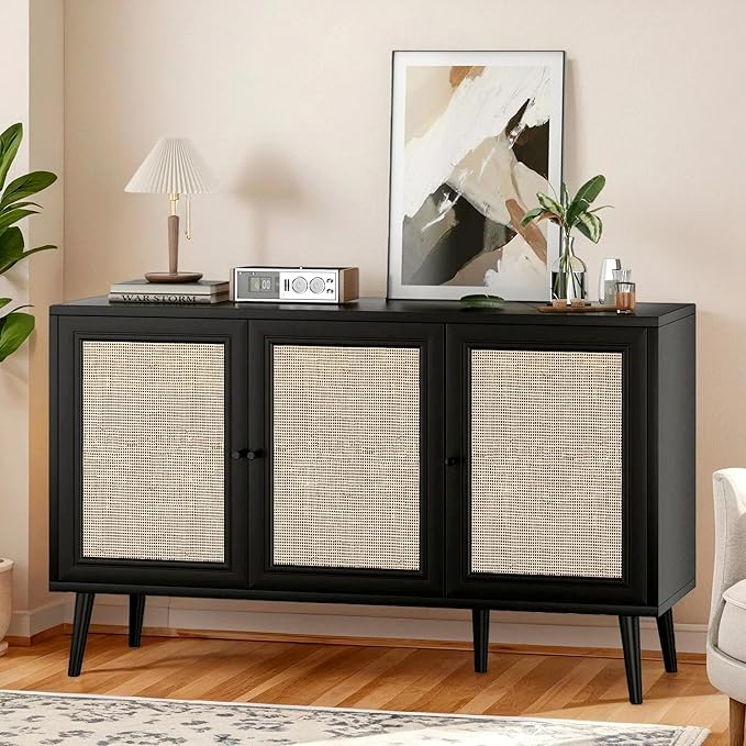 47" Rattan-Door Sideboard Cabinet with Shelf, 3-Door TV Stand Credenza Buffet with Generous Storage, Modern Accent Cabinet for Living Room & Kitchen, Black