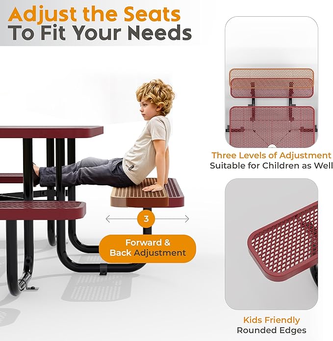Metal Picnic Tables for Outdoors with Umbrella Hole - Coated Steel Heavy Duty Commercial Grade Furniture with Adjustable Seats (Red, 46 in, Square, Expanded Steel)