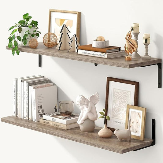 Fun Memories Deep Floating Shelves, 36W x 8D Floating Shelves Set of 2, Wall Mounted Shelf with Metal Brackets, Rustic Wood Wall Shelf for Bathroom, Kitchen and Living Room, Grey