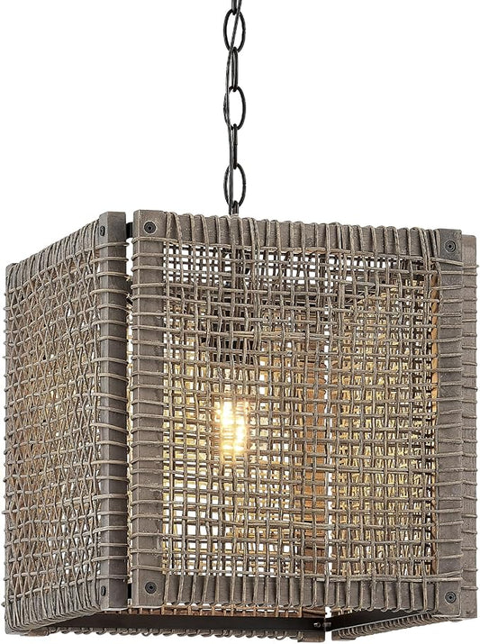 ELYONA Farmhouse Rattan Chandelier 12" Handwoven Pendant Light Fixtures with Gray Square Solid Wood Frame, Adjustable Hanging Lamp for Kitchen Island, Dining Room, Living Room, Bedroom, Bar, Hallway