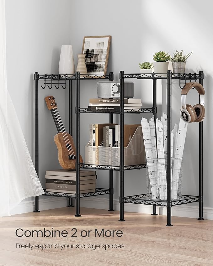SONGMICS 3-Tier Bathroom Shelf, Storage Rack for Small Space, with 3 PP Shelf Liners, Removable Hook, Extendable Design, Ink Black and Translucent ULGR103B01