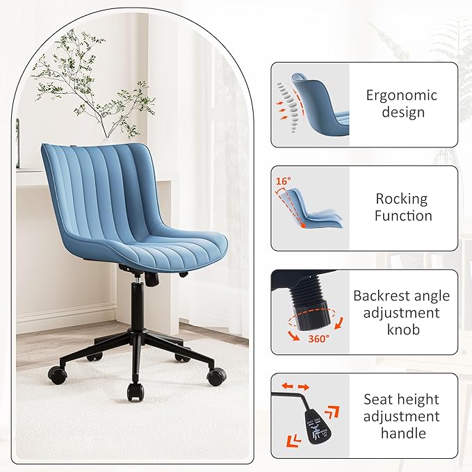 Kidol & Shellder Blue Leather Home Office Desk Chair with Wheels Modern Cute Armless Executive Swivel Vanity Chair with Comfy Padded Back Ergonomic Rolling Adjustable Computer Task Chair Small