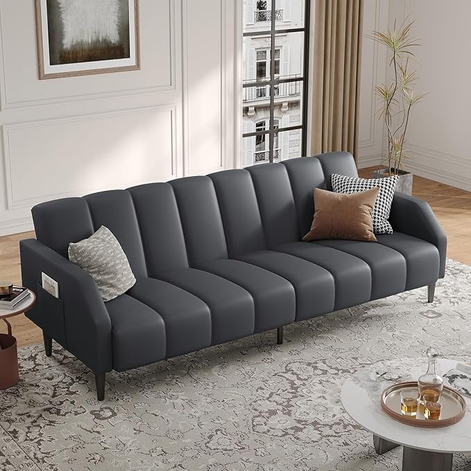 Fadware Faux Leather Couch, Convertible Futon Sofa Bed with Adjustable Backrest, Mid Century Leather Sofa Loveseat with Side Pockets& Metal Leg, Modern Leather Sleeper Sofa for Living Room Bedroom
