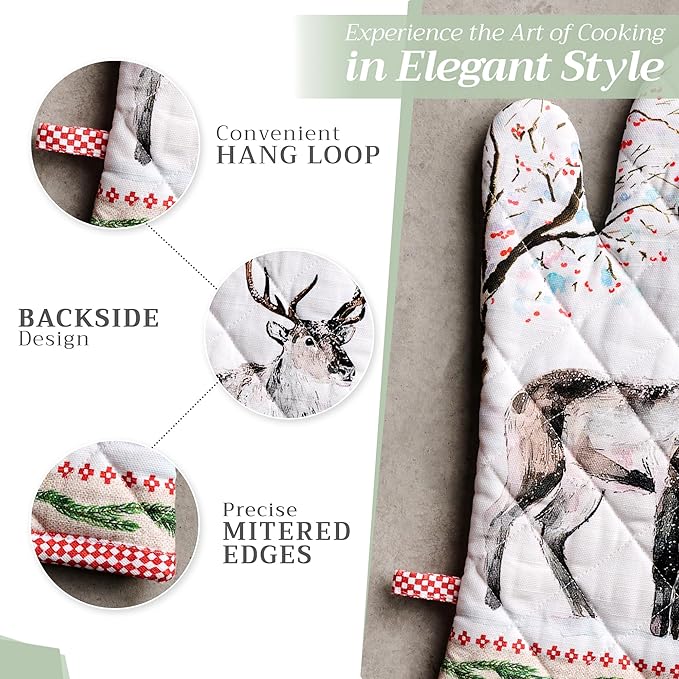 Maison d' Hermine Oven Gloves 100% Cotton Oven Mitt 7" x 13" with Loop Heat Resistant BBQ Cooking Gloves for Thanksgiving Christmas Decorations Baking Handling Hot Pans (Pack of 1, Rural Christmas)