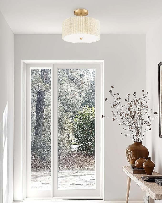 Gold Semi Flush Mount Ceiling Lights, 3-Light 12.5" Light Fixtures Ceiling Mount with Pleated Linen Fabric Shade, Drum Lighting Fixture for Hallway Nursery Bedroom Kitchen, AD-25036-3SF-GD-B