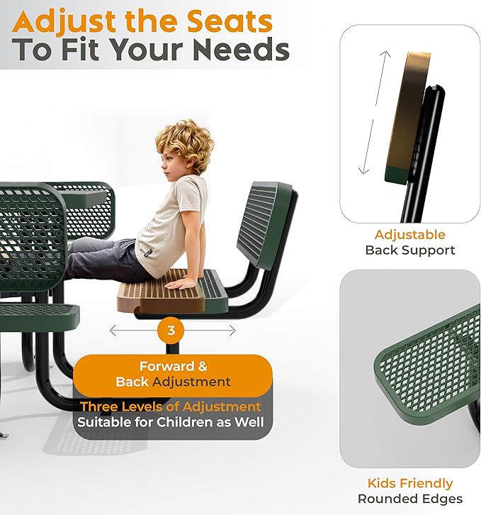 Metal Picnic Tables for Outdoors with Umbrella Hole - Coated Steel Heavy Duty Commercial Grade Furniture with Adjustable Seats (Green, 46 in, Square with Back, Expanded Steel)