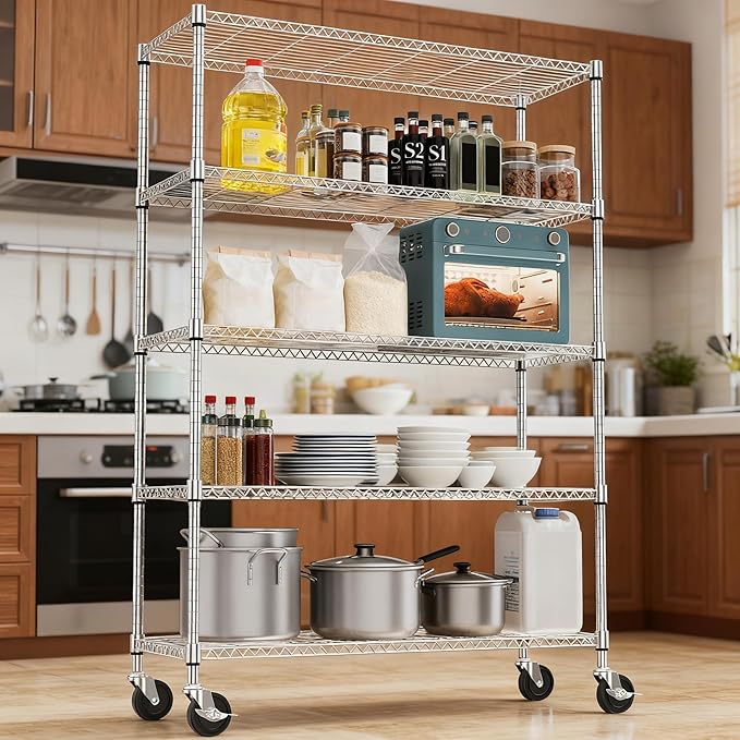5 Tiers Shelf 1750 lbs Steel Storage Shelving Utility Shelving Unit Steel Organizer Wire Rack for Home,Kitchen,Office,Garage Chrome 17.7" D x 47.2" W x 76.8" H