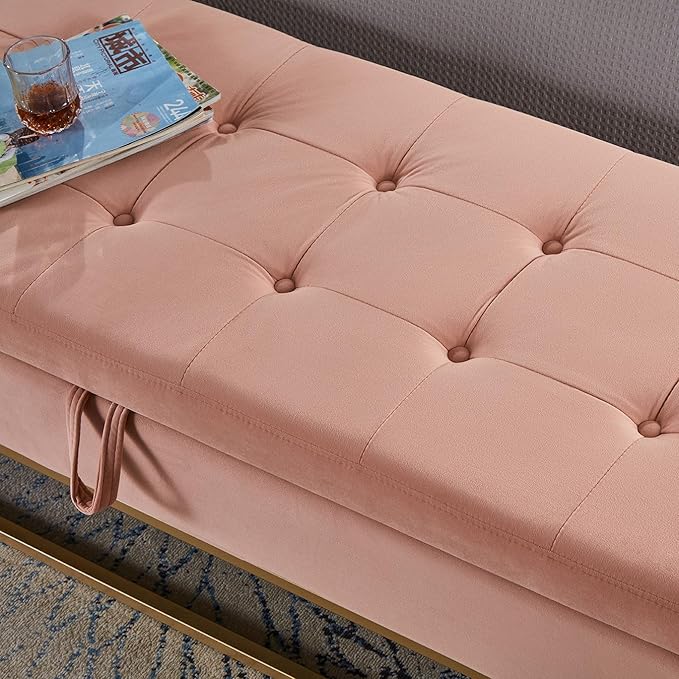 mikibama Velvet Storage Bench,58.6" Long Ottoman with Storage for Living Room,Tufted Storage Benches for Bedroom End of Bed,Entryway,Rectangle Window Seating Bench with Storage. (Velvet Pink)