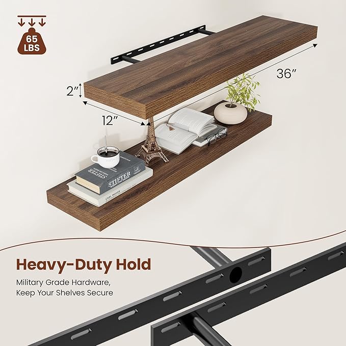 Vivelove Farmhouse Floating Shelves for Wall 12 Inch Deep, 36" X 12" X 2" Floating Shelf, 2 Inch Thick Shelf for Living Room Bathroom Bedroom Kitchen, Rustic Farmhouse Decor Set of 2, Walnut