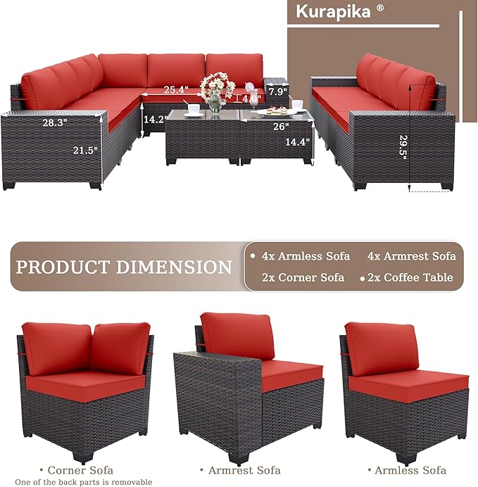 Kurapika 12 Pieces Patio Furniture Set, Rattan Wicker Outdoor Conversation Sets w/4 Inch Cushion and Glass Coffee Table(Red)