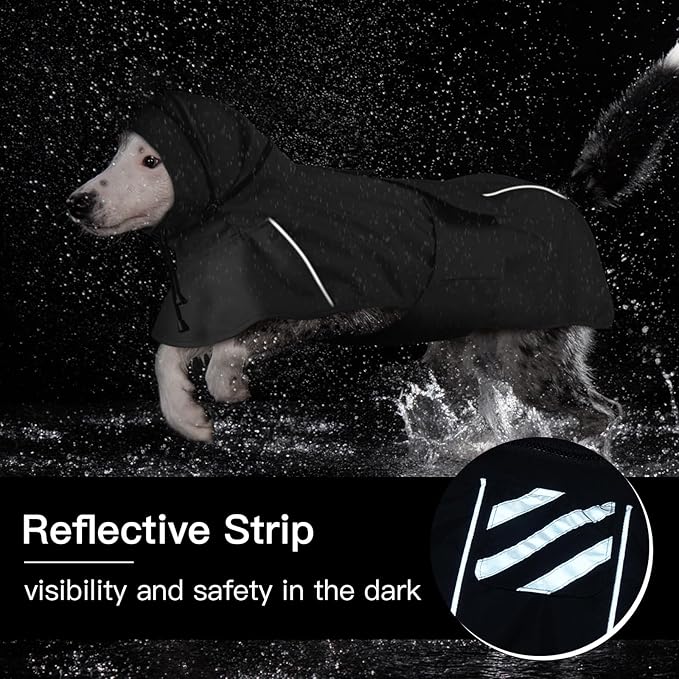 Waterproof Windproof Dog Raincoat with Full Body Coverage, Reflective Adjustable Hooded Jacket, Easy on Lightweight Dog Rain Coat for Large Dogs Poncho Breathable (Black, XXXXL)