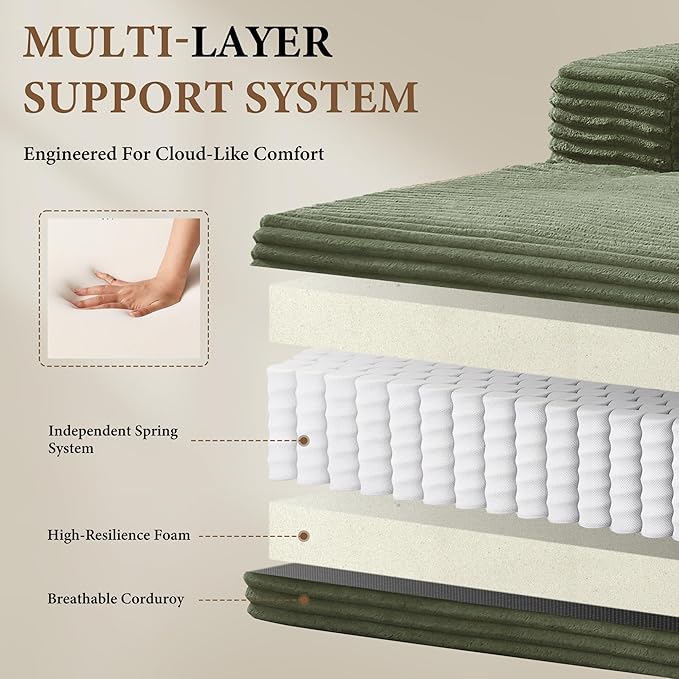 133" Couches for Living Room Deep-Seat Sectional Couch for Living Room Corduroy Boneless Couchs U-Shape Cloud Couch Flexible Modular Sectional Sofa with Chaise Lounge (Green, with Cup Holder)